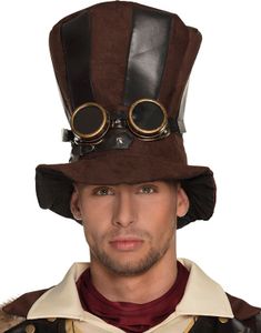 Brun Steampunk Høj Hat med Goggles og Imiteret Skind Partier