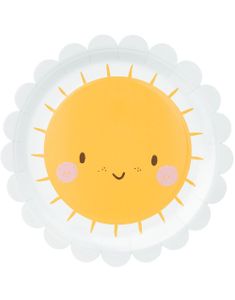 6 stk Hvite Små Papptallerkener med Søtt Sol-motiv 18 cm