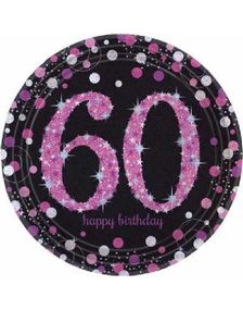 60-års Feiring - 8 stk Svart og Rosa Glitrende Tallerkener 23 cm 