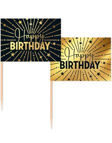 50 Stk Happy Birthday Mad/Kageflag 6,5 cm - Sort og Guld
