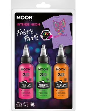 3 stk Neon UV/Blacklight Tekstilmaling i Rosa, Orange og Grøn 30 ml