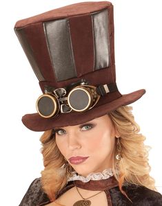 Brun Steampunk Høj Hat med Skindimiterede Partier og Goggles
