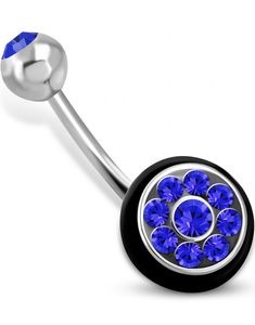 Sølvfarvet Navlepiercing med Sort O-ring og Blå CZ Sten