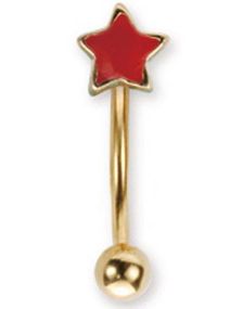 Guldfarvet Øjenbrynspiercing med Rød Stjerne - 1.2 x 8 mm
