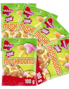 28 stk Poser med Malaco Sour Mushrooms - Forskellige Sure Skumbidder - Hel Æske