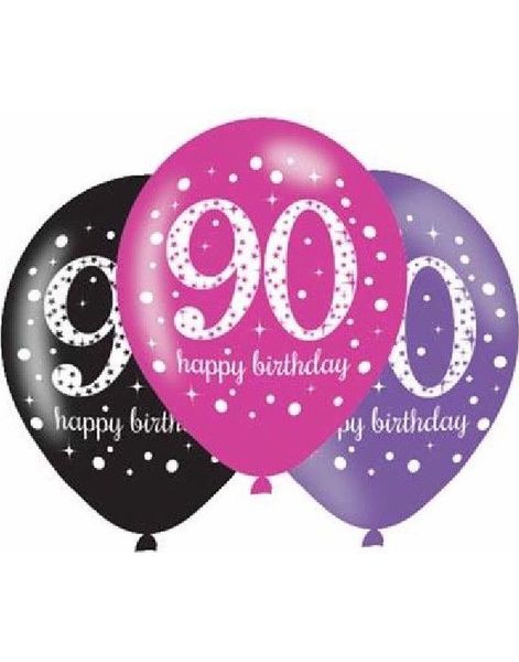 90-Års Dagen - 6 stk Svart, Rosa og Lilla Ballonger 27,5 cm