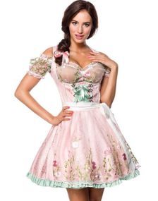 Lys Rosa Dirndl Oktoberfestkjole i Luksuskvalitet med Utformet Blomster på Forkle