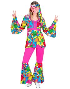 60's Rosa Hippiekostyme med Fargerike Blomster til Dame