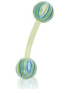Banan Øjenbrynspiercing i Grøn med Stribede Hvide, Grønne og Blå Kugler - 1.2 x 8 mm