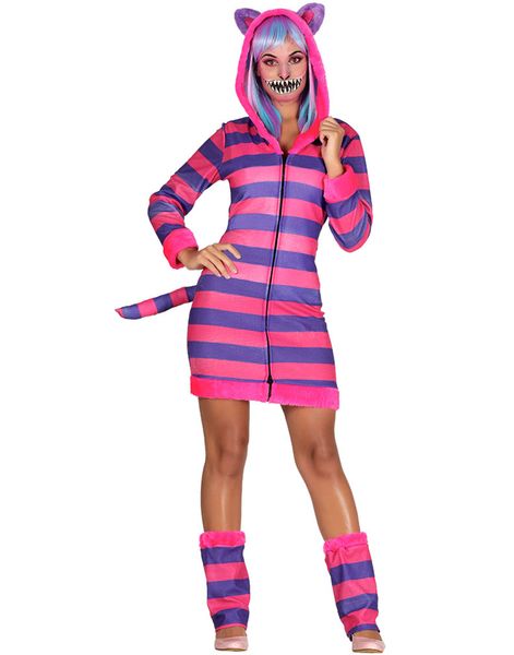 Pink og Lilla Stribet Kat - Damekostume