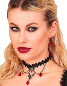 Gotisk Sett med Øredobber og Choker med Flaggermus og Røde Stener