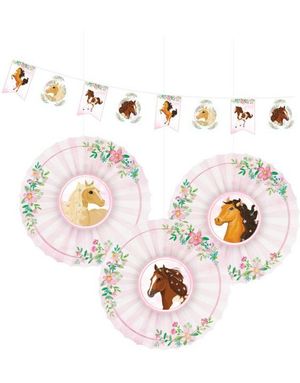 3 stk Papirvifter 40 cm og Banner 4 Meter- Sett med Vakre Hester