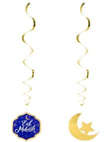 2 stk Eid Mubarak - Gullfolierte Hengende Swirls Dekorasjoner - 85 cm