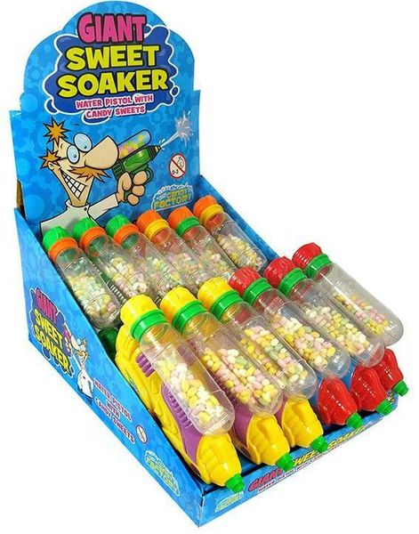12 stk Sweet Soaker - Vandpistoler i Assorterede Farver med Slik - Hel Æske