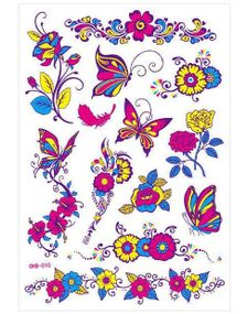 Ark med Forskjellige Fluorescerende Sommerfugler og Blomstertatoveringer (UV Fake Tattoo)