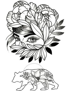 Flowered Woman & Bear - 2 stk Tatoveringer (Fake Tattoo)