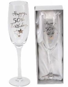 Happy 50th Birthday - Champagneglass med Sølvfarget Tekst og Motiver i Gaveeske 23 cm
