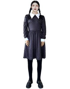 Sort Wednesday-inspireret Kostume med Hvid Krave til Damer
