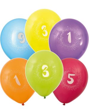 VÆLG BLANDT 10 TALL - 6 stk Flerfarvede Tallballoner 30 cm