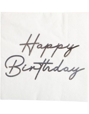 16 stk Hvite Happy Birthday Servietter med Sølv Skrift 33x33 cm