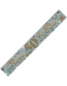 Happy 50th Birthday - 2,6 Meter Sølvfarget Holografisk Banner