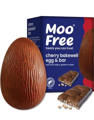 Moo Free Cherry Bakewell Egg and Bar - Vegansk Sjokoladeegg og Sjokoladebar med Cherry Bakewellsmak og Crunchy Biter 135 gram