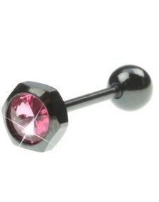 Sort Tungepiercing med Sekskantet Topkugle & Rosa Sten