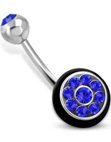 Sølvfarvet Navlepiercing med Sort O-ring og Blå CZ Sten