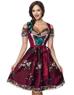 Bourgognerød Luksus Oktoberfestkjole med Blomstermotiv
