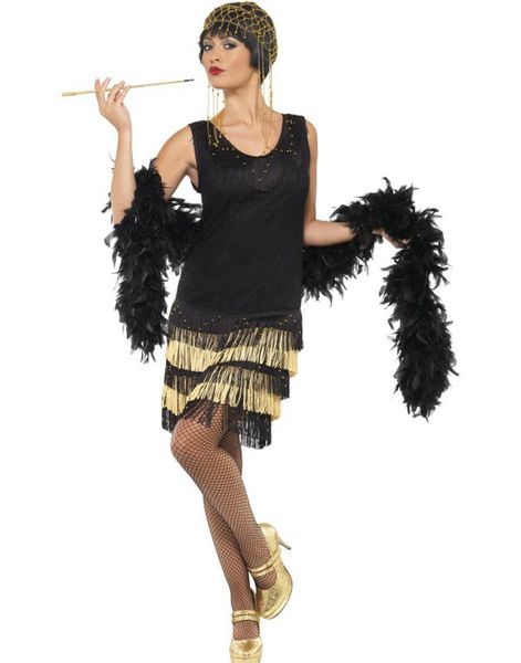 Sort og Guldfarvet Flapper Kostume