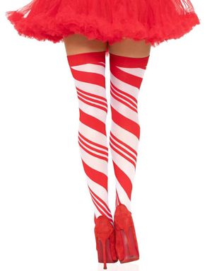 Røde og hvite “candy cane” lårstrømper i elastan