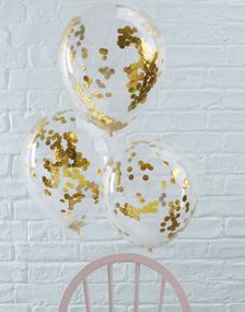 5 stk. 30 cm - Gennemsigtige Balloner med Guldfarvet Konfetti - Bland og Miks
