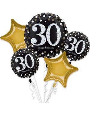 Happy 30th Birthday - Sort og Guldfarvet Ballonbuket med 5 Folieballoner