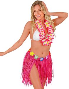 Hawaii Hula Skørt m/Blomster - 40 cm Lyserød
