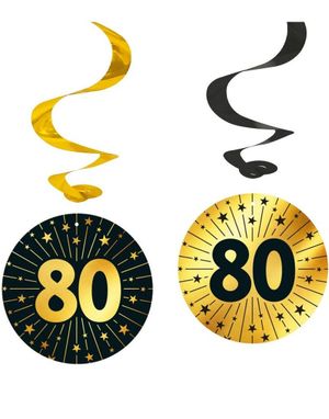4 stk 80-års Feiring Hengende Swirls - Svart og Gull