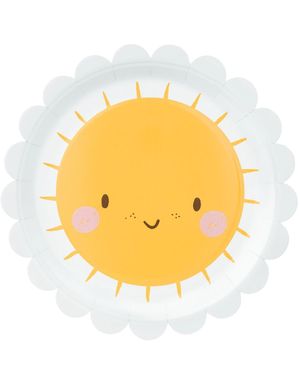 6 stk Hvite Små Papptallerkener med Søtt Sol-motiv 18 cm