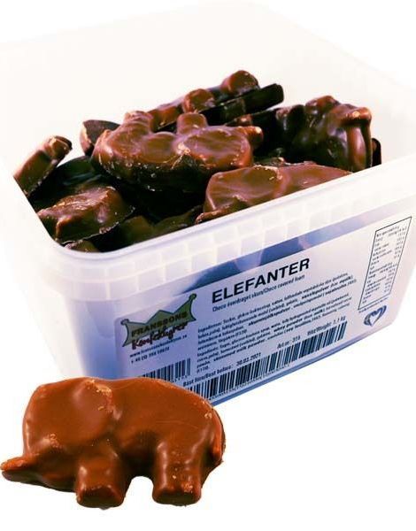 1,1 Kg Boks med Franssons Sjokoladeelefanter - Skumgodteri med Sjokoladetrekk