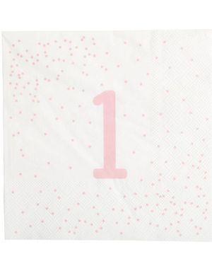 16 stk Hvite og Rosa 1 Års Servietter 33x33 cm