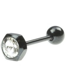 Sort Tungepiercing med Sekskantet Topkugle & Hvid Sten