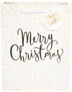 "Merry Christmas" Hvit Gavepose med Stjerner i Gull og Sølv 23x18 cm