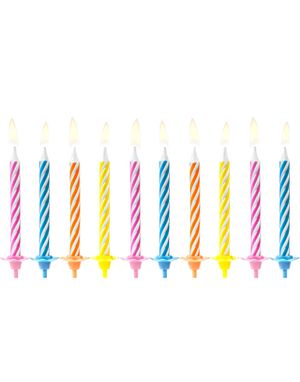 10 stk Stribede Pastelfarvede Kagelys med Holder 6 cm