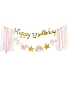 Pastell og Gullfarget Enhjørning Banner 230 cm - Happy Birthday