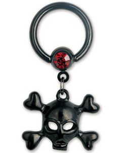 Sort PVD BCR Piercing med Kranie og Rød Sten -  Strl 1.6 x 10 mm