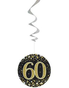 6 stk 60-års Fødselsdag Sort og Guldfarvede Holografiske Swirls
