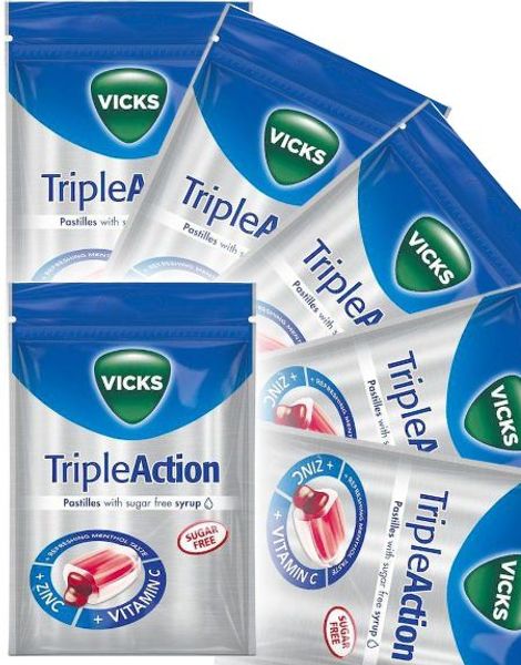 20 stk Vicks Triple Action - Sukkerfri Halstabletter med Solbær og Mentol - Hel Eske 1,44 kg
