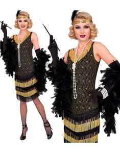 Roaring 20's Gatsby Flapper - Svart og Gullfarget Flapperkjole til Dame - X-Large
