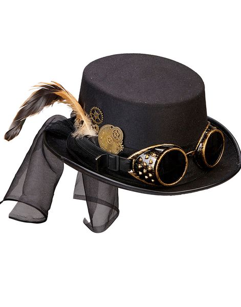 Sort Steampunk Høj Hat med Dekor og Bronzefarvet Goggles