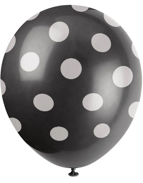 6 stk 30 cm - Sorte Balloner med Hvide Polka Dots