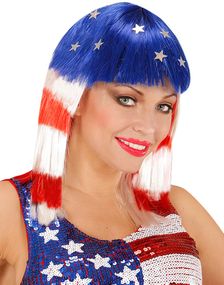 Miss America - Hvid, Rød og Blå Paryk med Stjerner