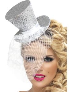 Mini Tophat med Slør - Sølvfarvet